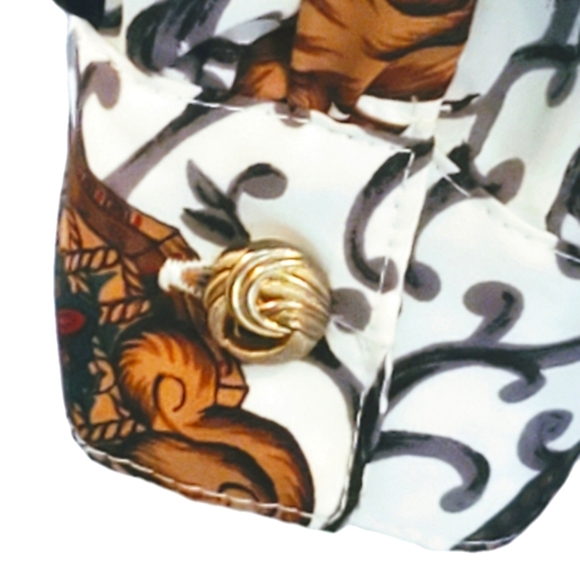 VINTAGE BLOUSE SHIRT LONG SLEEVE SZ 14 GOLD BEIGE BROWN GREEN RED BRASS BUTTONS - Picture 13 of 13